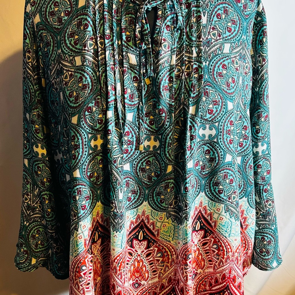 Cato Blue and Orange Graphic Blouse with Mandarin Collar